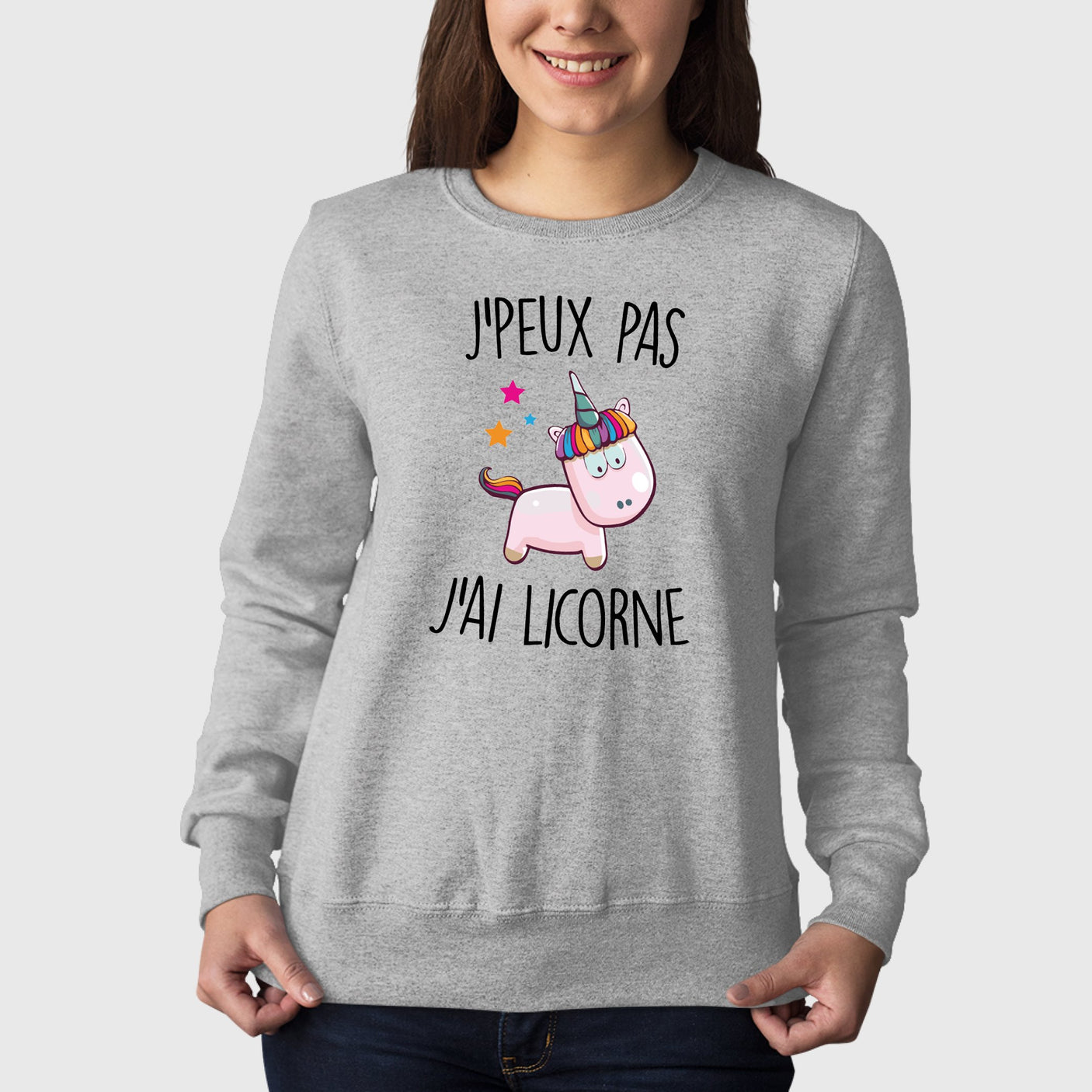 Sweat Adulte J'peux pas j'ai licorne Gris