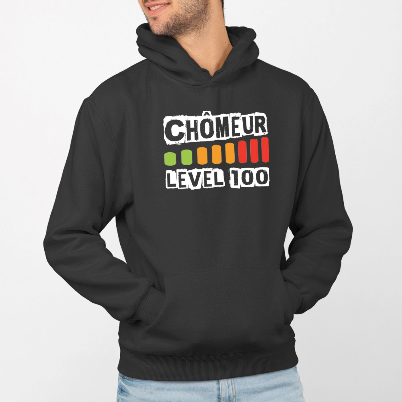 Sweat Capuche Adulte Chômeur level 100 Noir