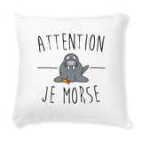 Coussin Attention je mords 