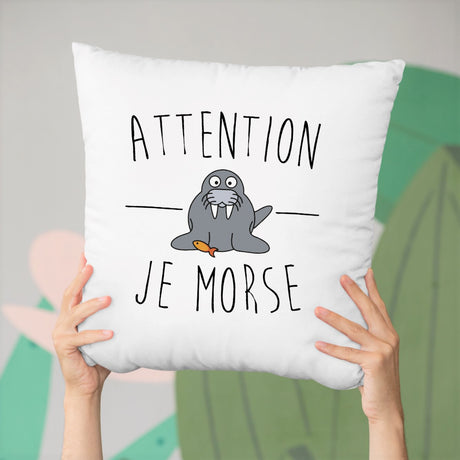 Coussin Attention je mords Blanc