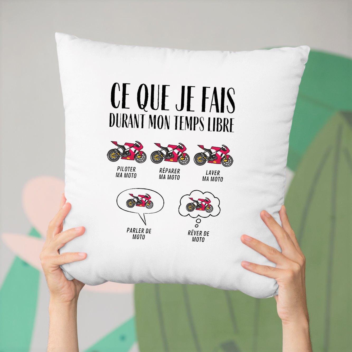 Coussin Ce que je fais durant mon temps libre Moto Blanc