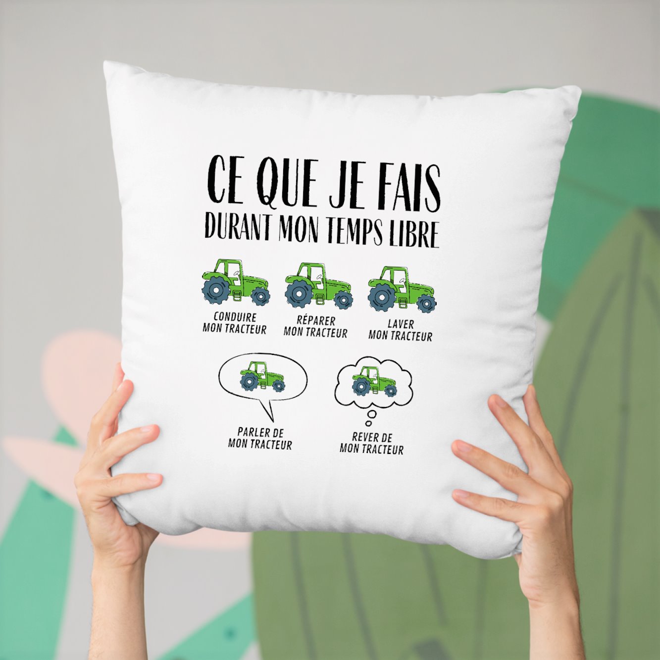 Coussin Ce que je fais durant mon temps libre Tracteur Blanc