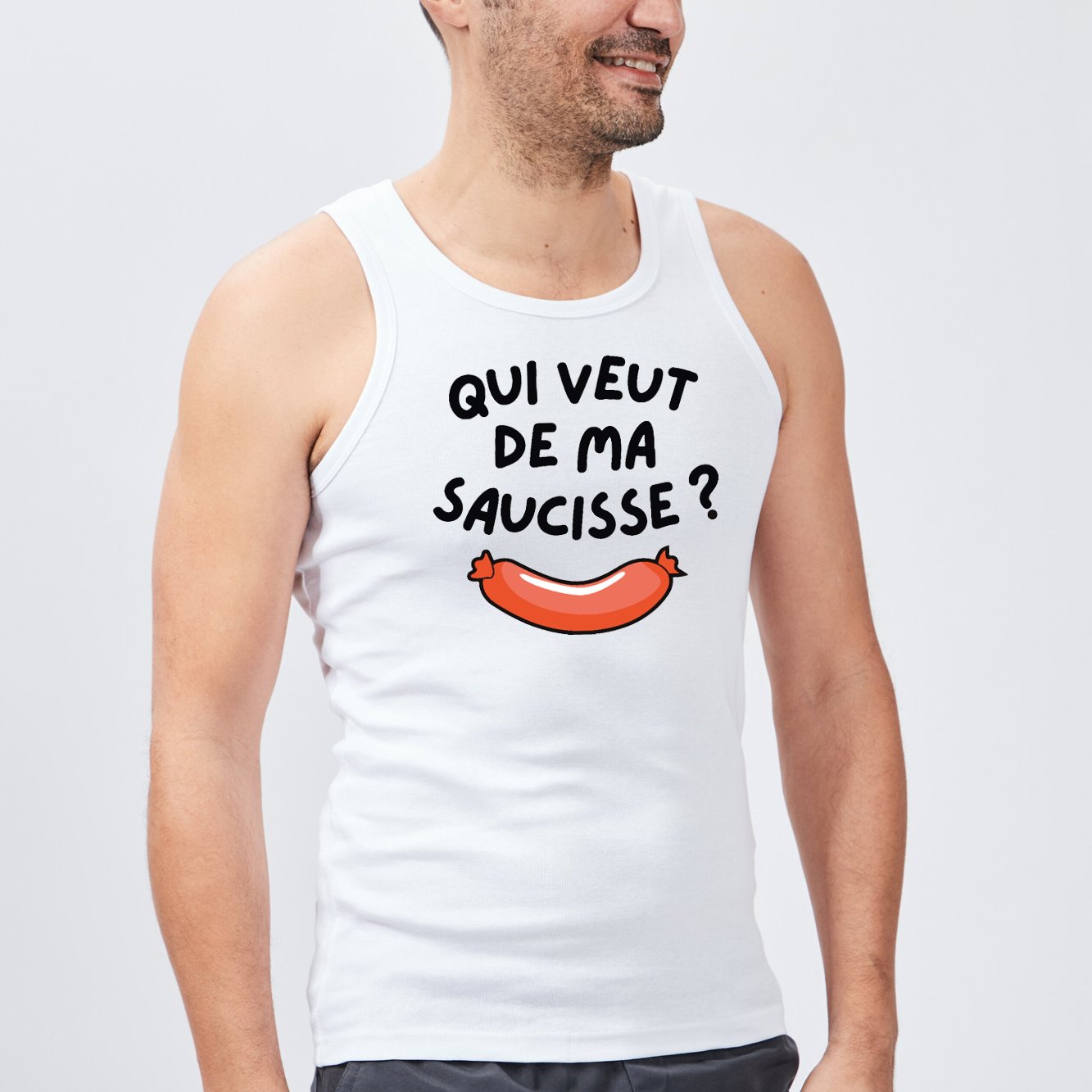 Débardeur Homme Qui veut de ma saucisse Blanc