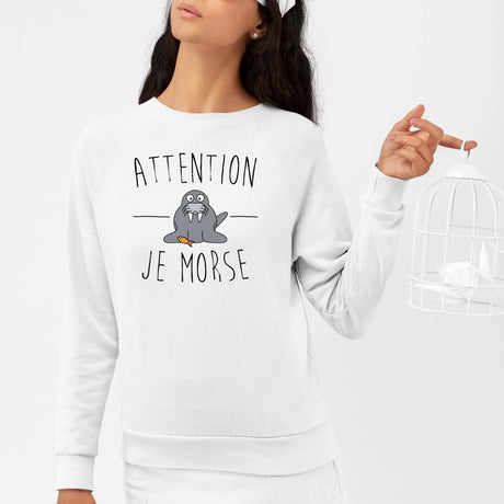 Sweat Adulte Attention je mords Blanc