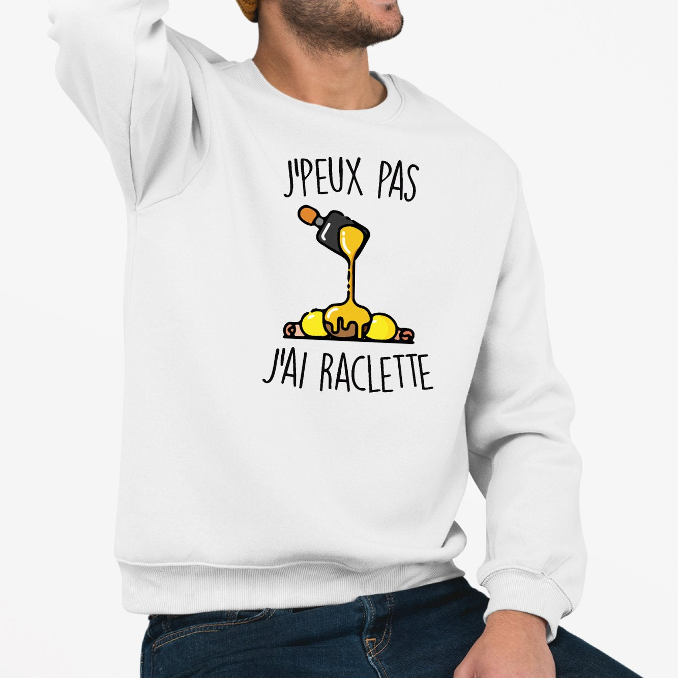 Sweat Adulte J'peux pas j'ai raclette Blanc