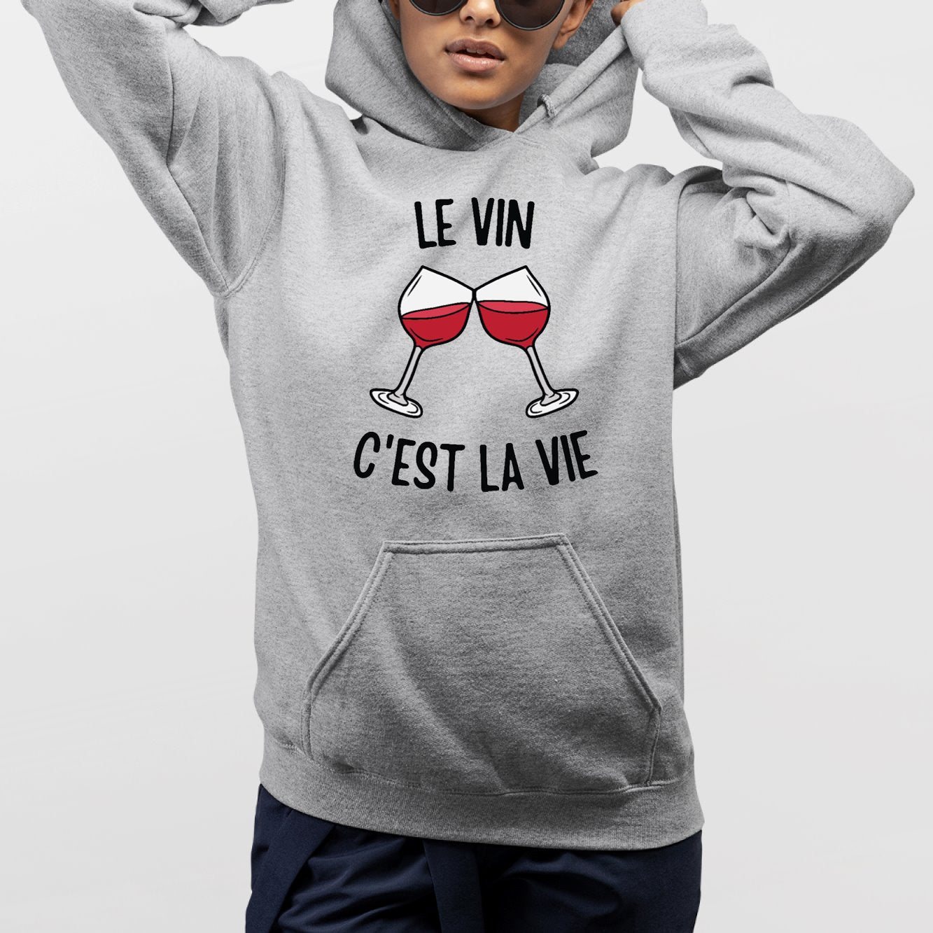 Sweat Capuche Adulte Le vin c'est la vie Gris