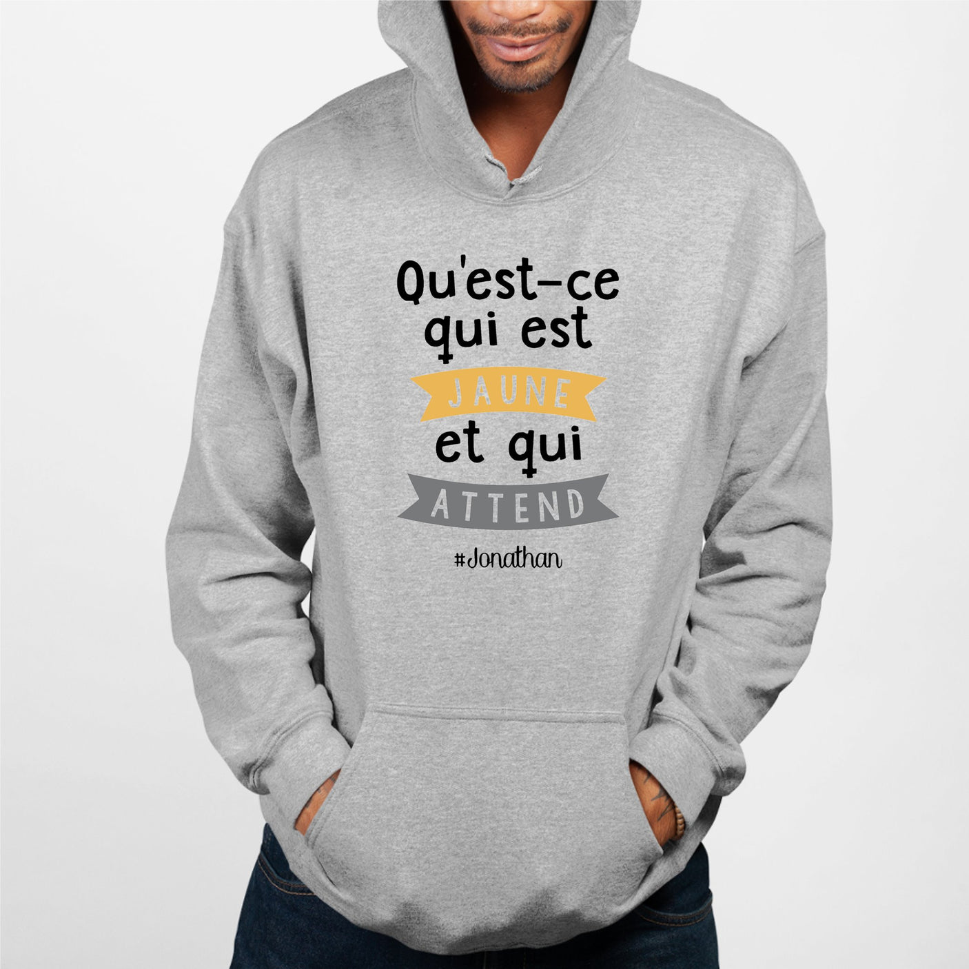 Sweat Capuche Adulte Qu'est-ce qui est jaune Jonathan Gris