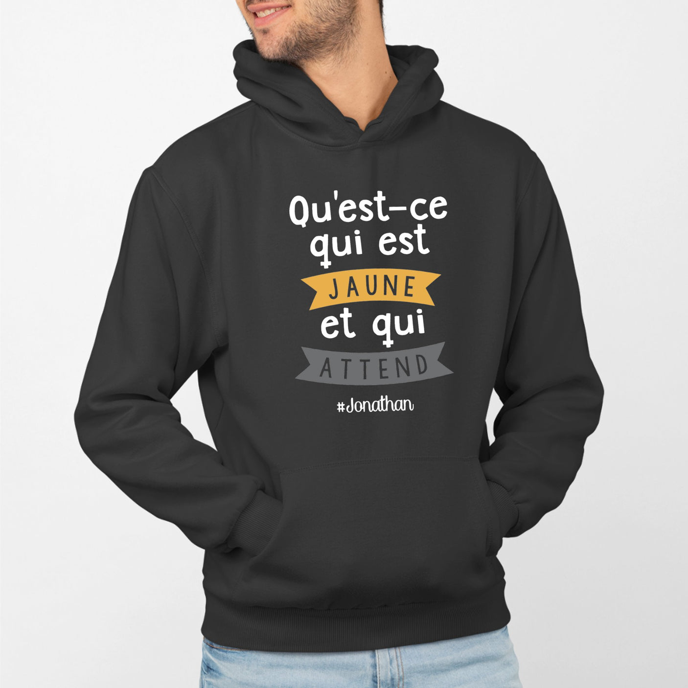 Sweat Capuche Adulte Qu'est-ce qui est jaune Jonathan Noir