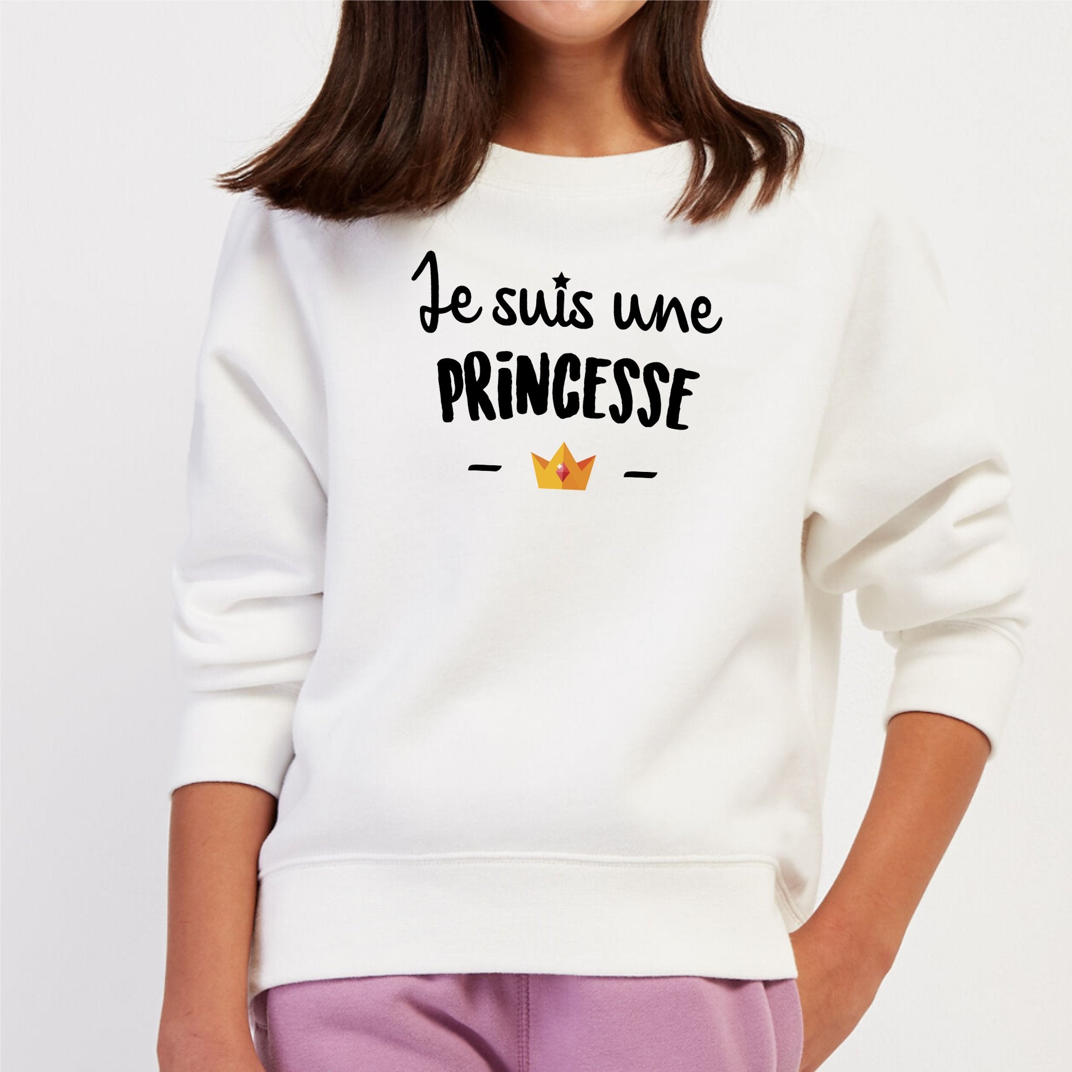Sweatshirt Enfant 'Je Suis Une Princesse' Avec Couronne Jaune - Coton/polyester 280g/m², Imprimé En France