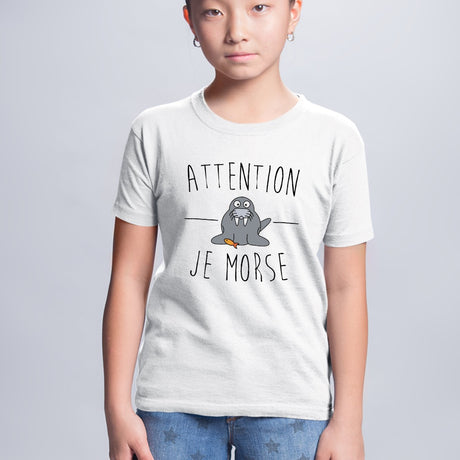 T-Shirt Enfant Attention je mords Blanc