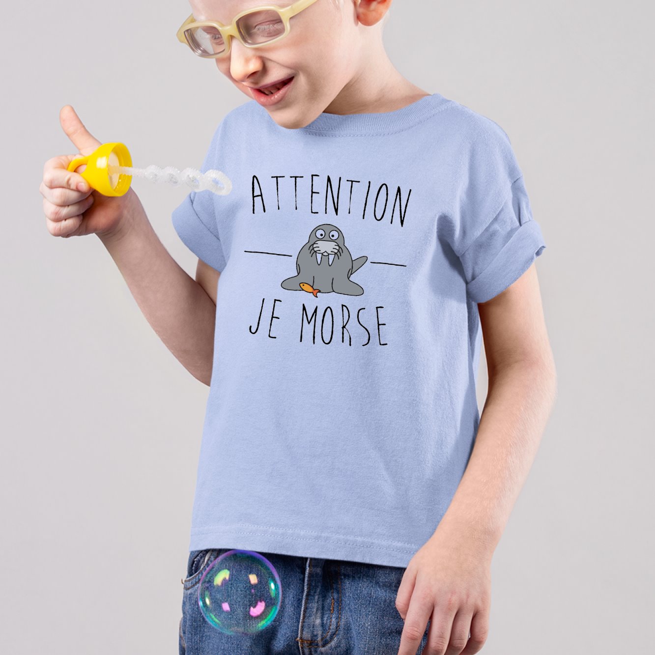 T-Shirt Enfant Attention je mords Bleu