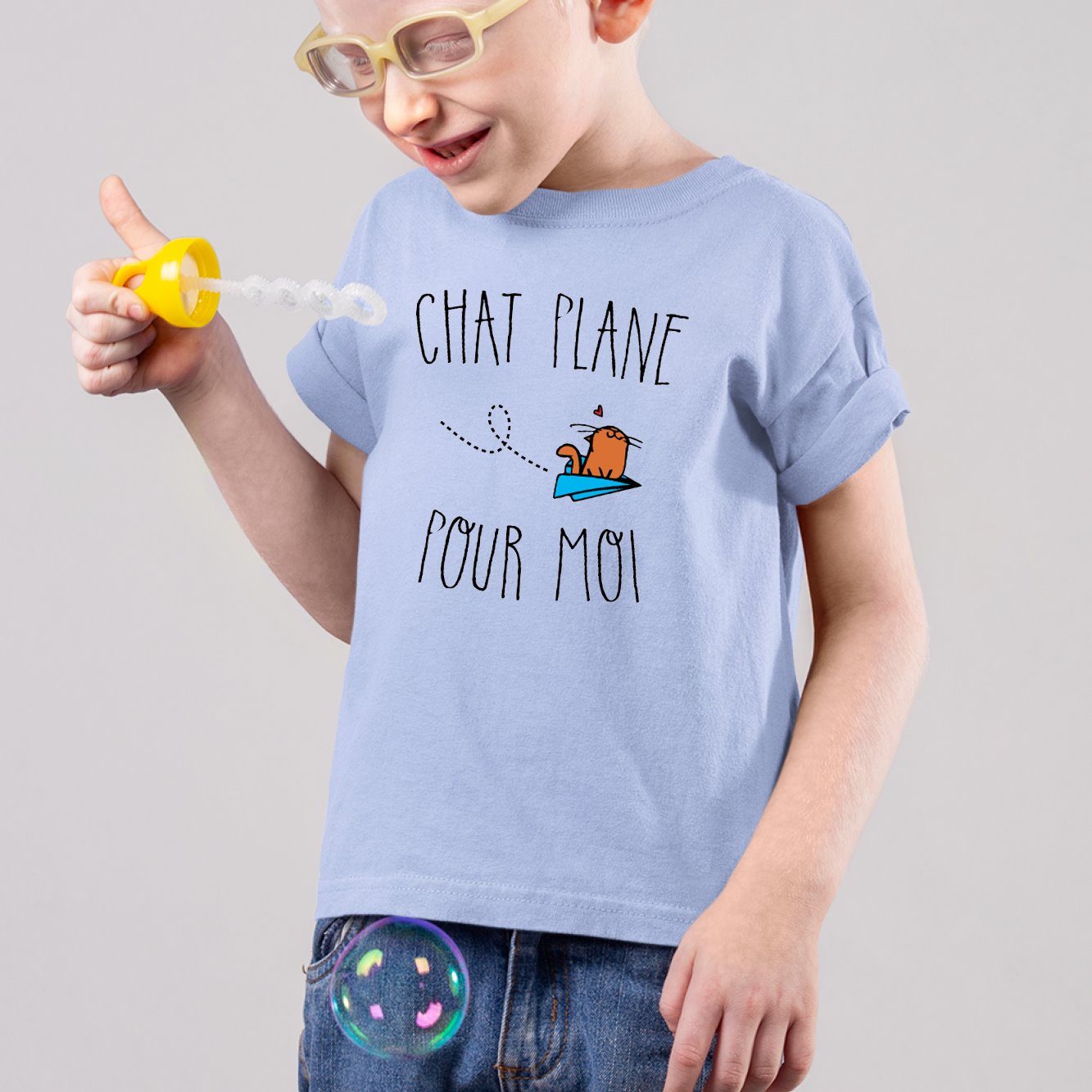 T-Shirt Enfant Chat plane pour moi Bleu