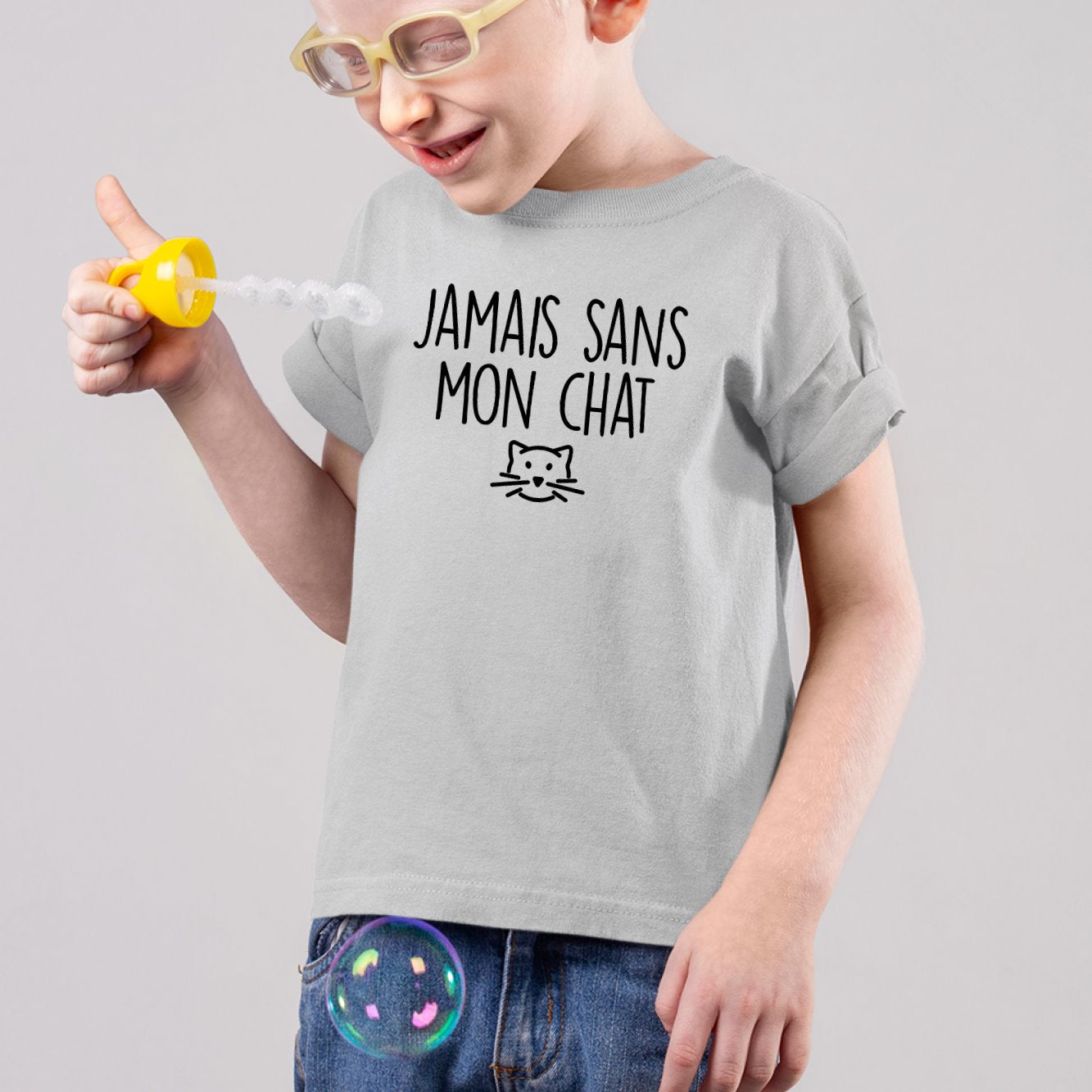 T-Shirt Enfant Jamais sans mon chat Gris