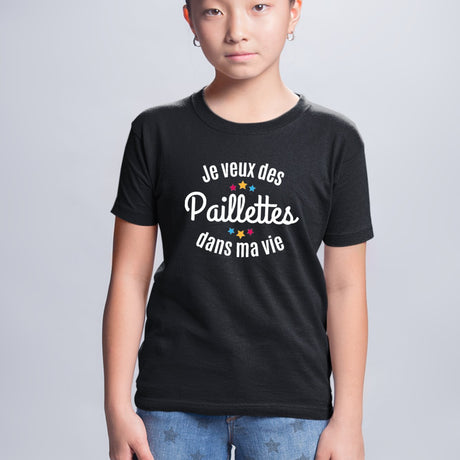 T-Shirt Enfant Je veux des paillettes dans ma vie Noir