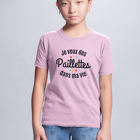T-Shirt Enfant Je veux des paillettes dans ma vie Rose