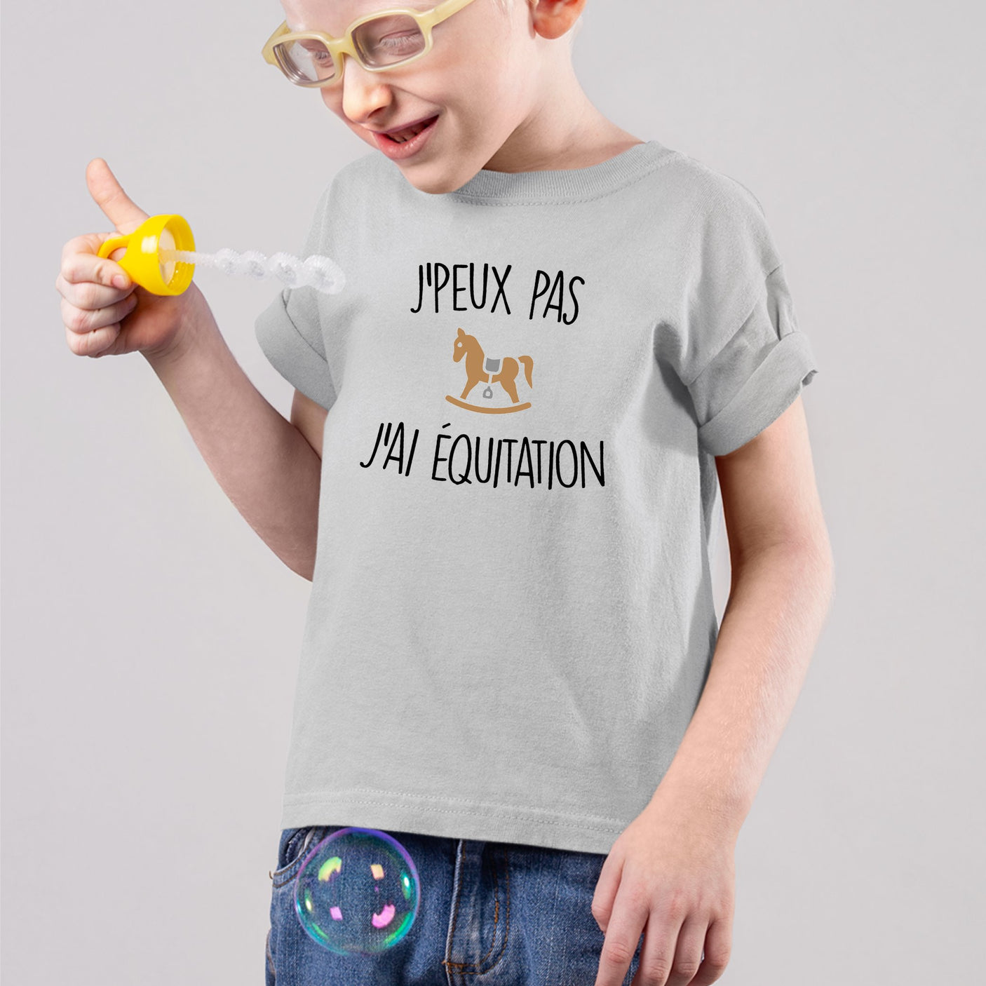 T-Shirt Enfant J'peux pas j'ai équitation Gris