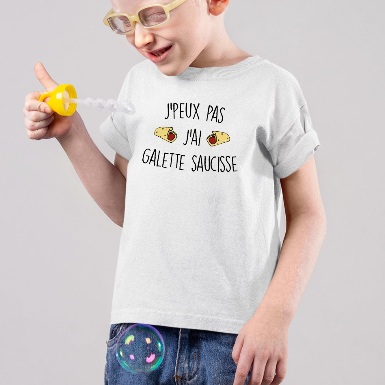 T-Shirt Enfant J'peux pas j'ai galette saucisse Blanc