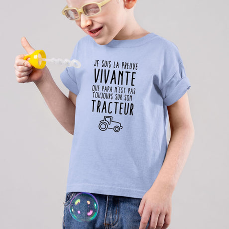 T-Shirt Enfant Preuve que papa n'est pas toujours sur son tracteur Bleu