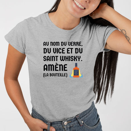T-Shirt Femme Au nom du verre du vice et du saint whisky Gris