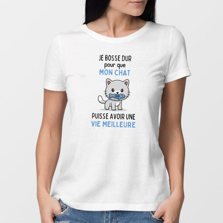 T-Shirt Femme Je bosse dur pour mon chat Blanc