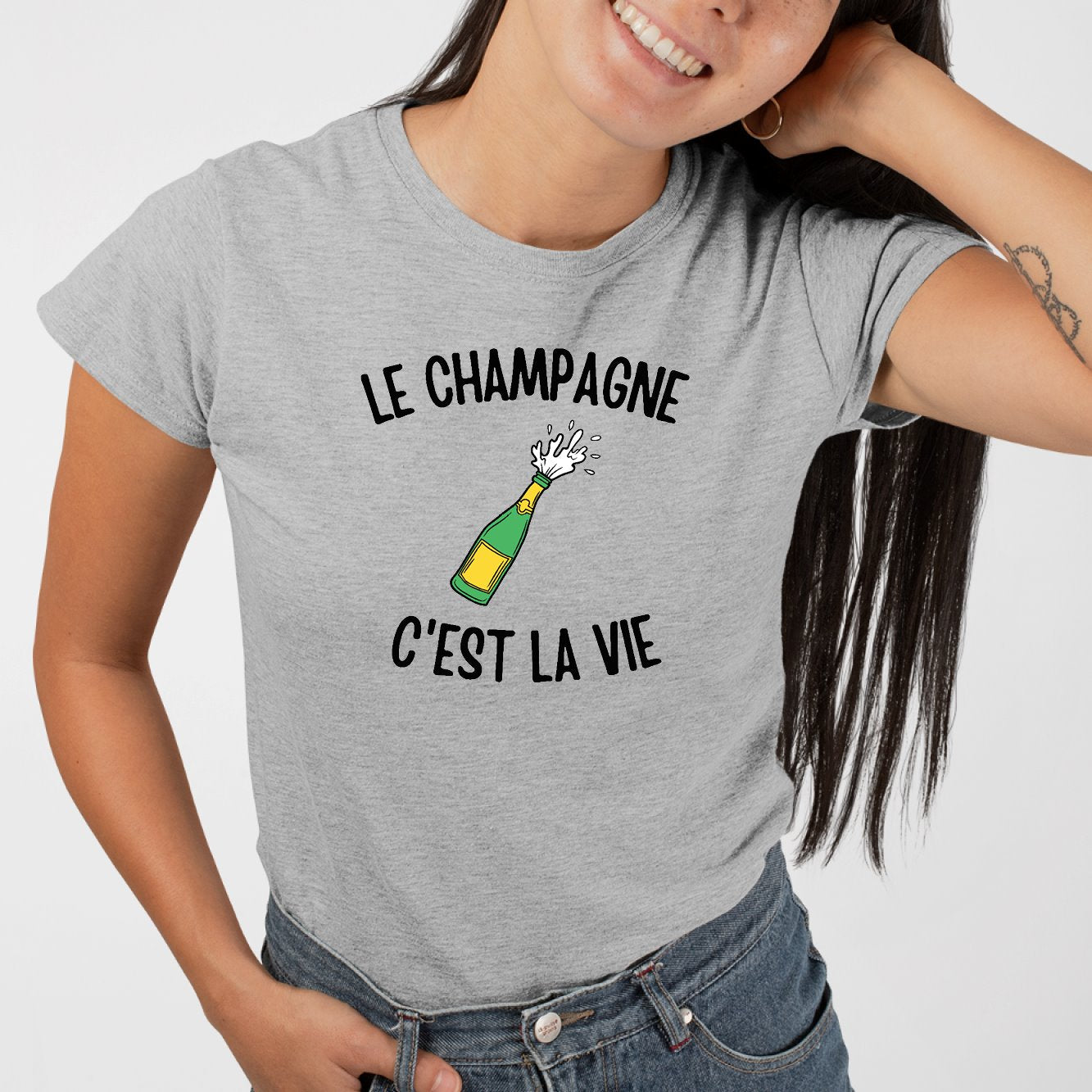 T-Shirt Femme Le champagne c'est la vie Gris
