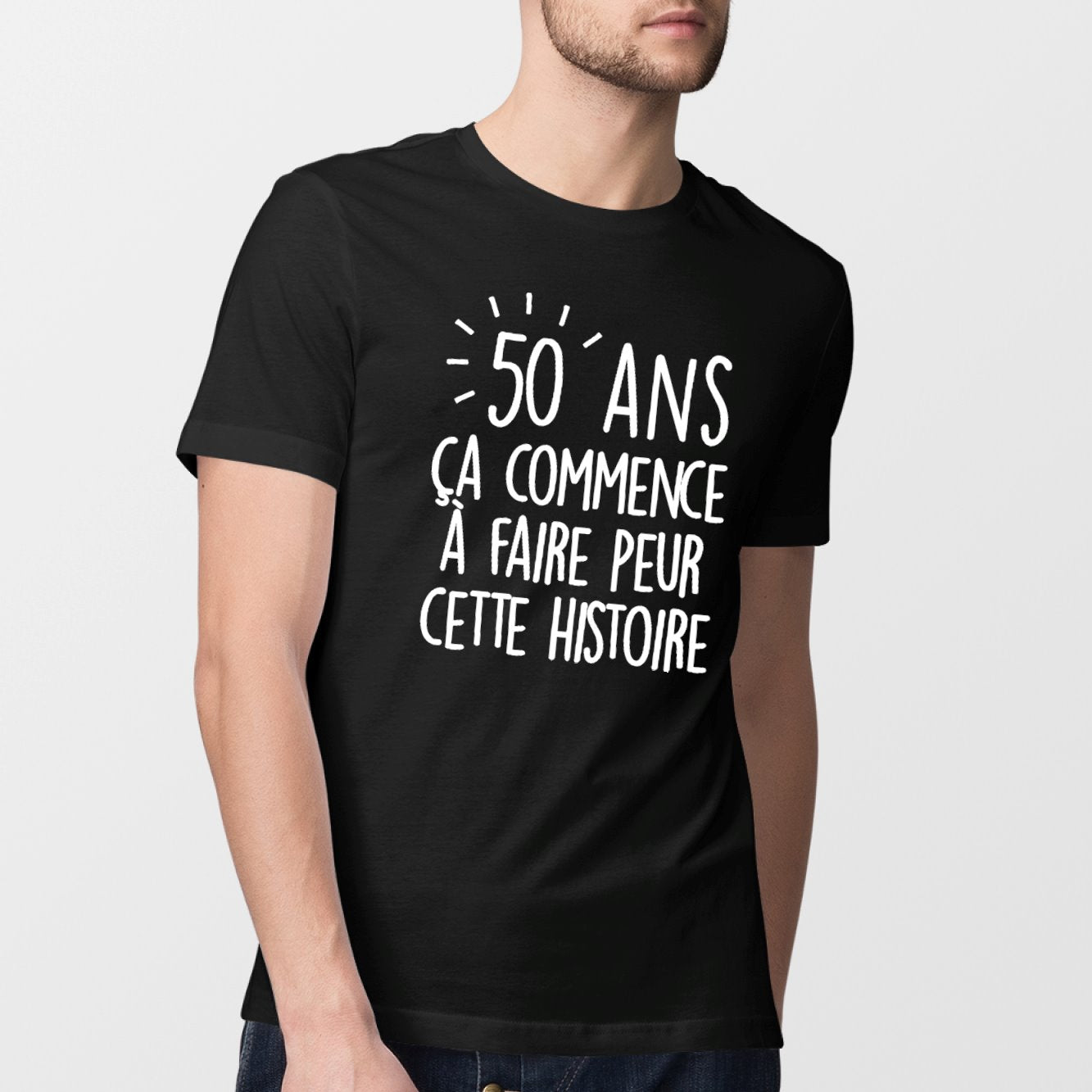 T Shirt 50 ans homme | gris chiné | idée cadeau t-shirt anniversaire |  humour chat