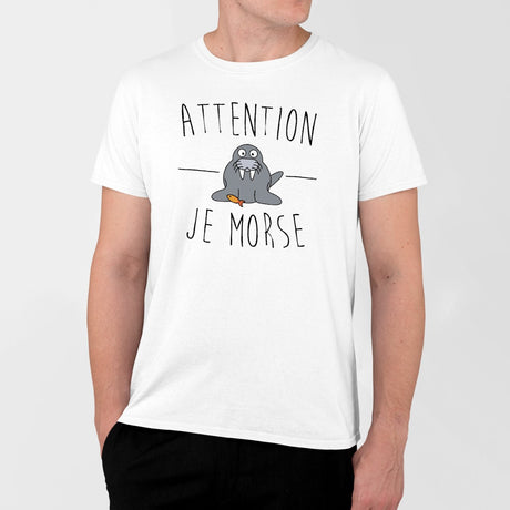 T-Shirt Homme Attention je mords Blanc